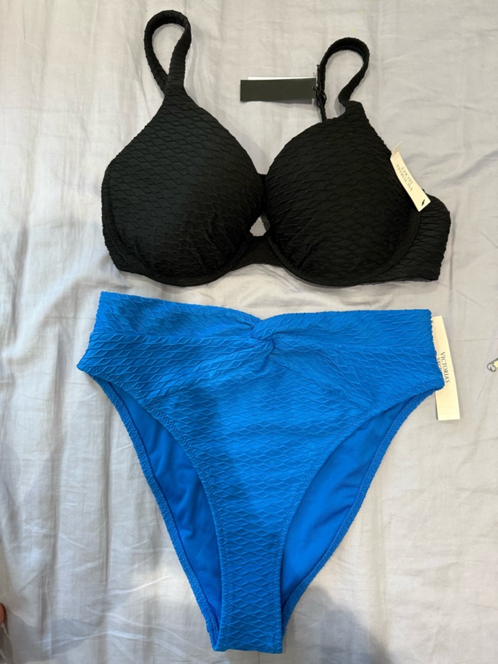 Victoria's Secret Black Textured Bikini Top with Bright Blue High-Waist Bottoms